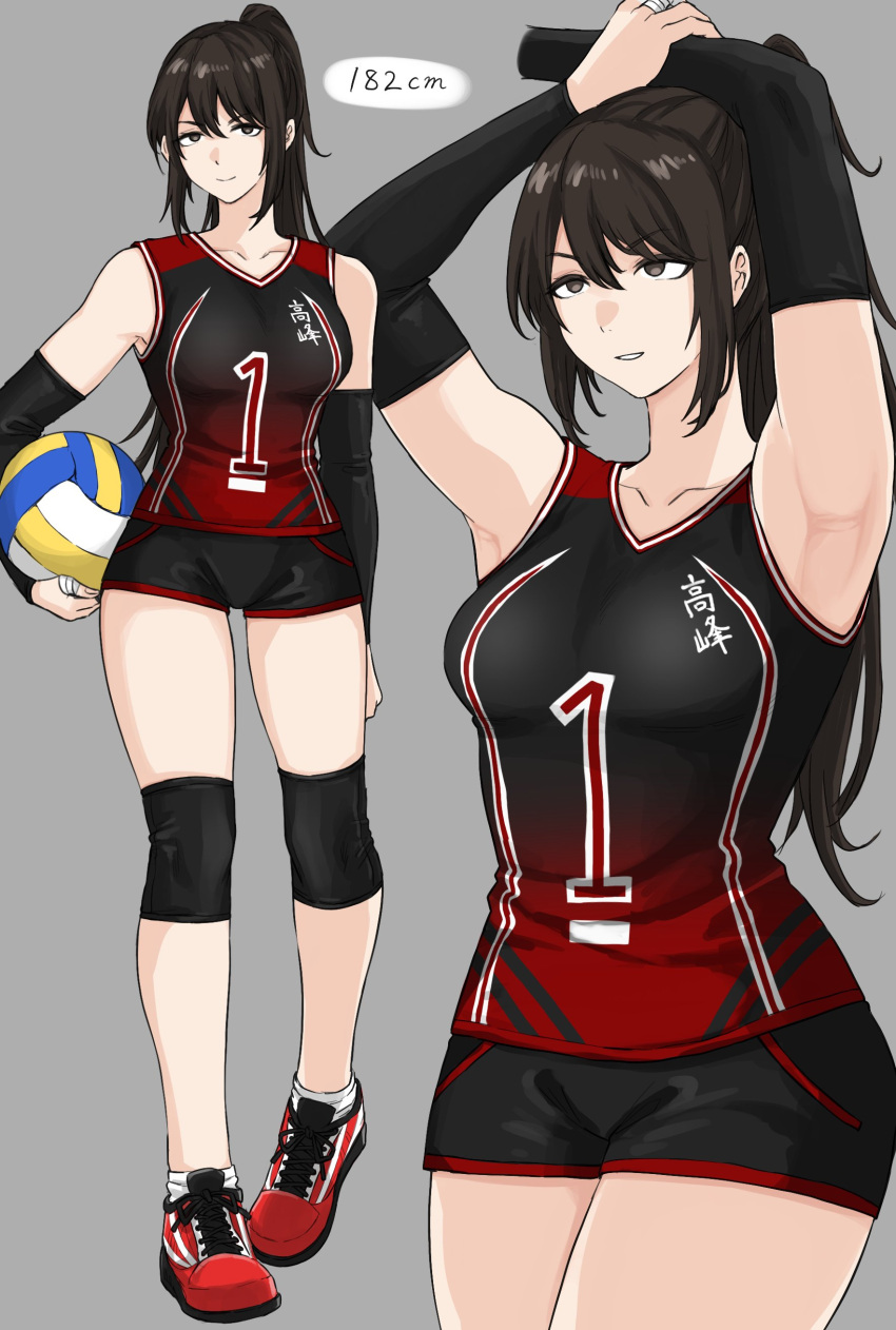 1girl absurdres arm_over_head arm_warmers armpits arms_up ball bandaged_fingers bandages black_arm_warmers black_eyes black_hair breasts collarbone cowboy_shot fuku_(fuku12290574) full_body grey_background height highres holding holding_ball jersey knee_pads large_breasts legs long_hair looking_at_viewer multiple_views number_print original parted_lips ponytail red_footwear shirt shoes short_shorts shorts sidelocks simple_background sleeveless sleeveless_shirt smile sneakers sportswear standing thighs volleyball volleyball_uniform