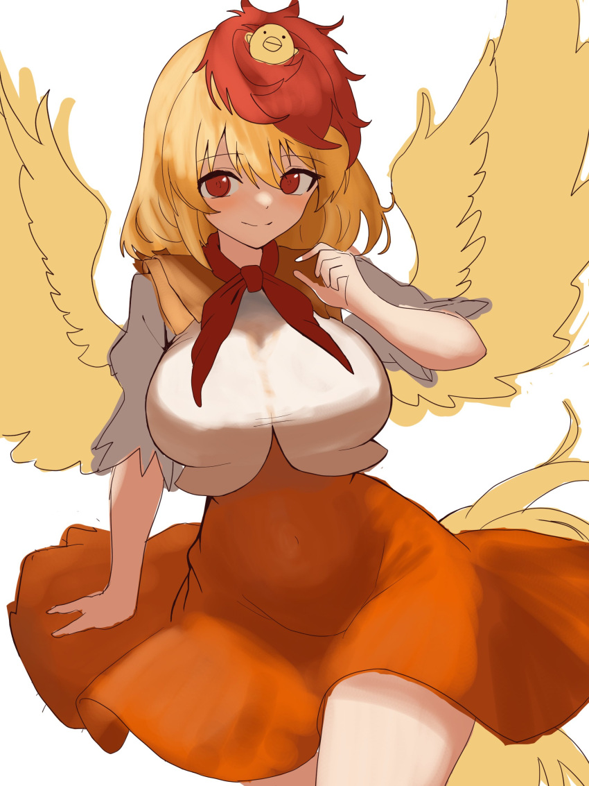 1girl absurdres animal animal_on_head bird bird_on_head bird_tail bird_wings blonde_hair breasts brown_dress chick chicken covered_navel cowboy_shot dress feathered_wings hair_between_eyes hand_up highres large_breasts looking_at_viewer medium_hair moriforest1040 multicolored_hair neckerchief niwatari_kutaka on_head orange_dress pinching red_eyes red_hair red_neckerchief simple_background smile solo tail thick_thighs thighs touhou two-tone_hair white_background wings yellow_wings