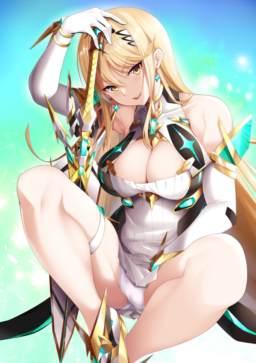 1girl aegis_sword_(xenoblade) bare_legs bare_shoulders blonde_hair blue_background breasts chest_jewel cleavage cleavage_cutout clothing_cutout daive dress earrings elbow_gloves gloves gradient_background highres holding holding_sword holding_weapon impossible_clothes jewelry looking_at_viewer mythra_(xenoblade) panties smile solo star_(symbol) star_earrings swept_bangs sword thigh_strap thighs tiara underwear weapon white_dress white_gloves white_panties xenoblade_chronicles_(series) xenoblade_chronicles_2 yellow_eyes