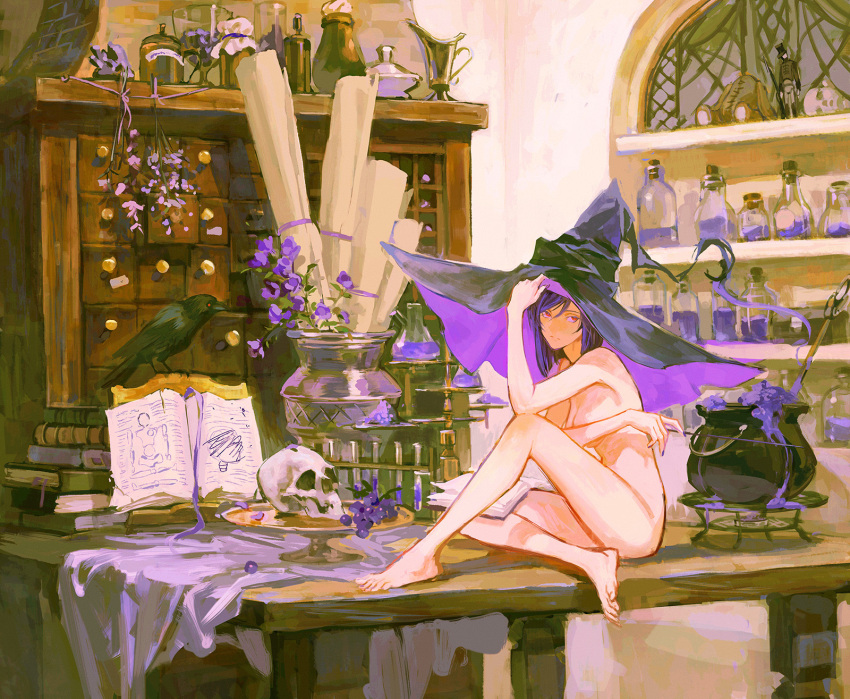 1girl black_headwear book book_stack breasts completely_nude covering covering_breasts flower food fruit grapes gundam gundam_00 hand_on_headwear hat highres huangdanlan knee_up medium_breasts nude open_book purple_flower purple_headwear shadow shelf short_hair sitting skull solo table tieria_erde wide_shot witch_hat
