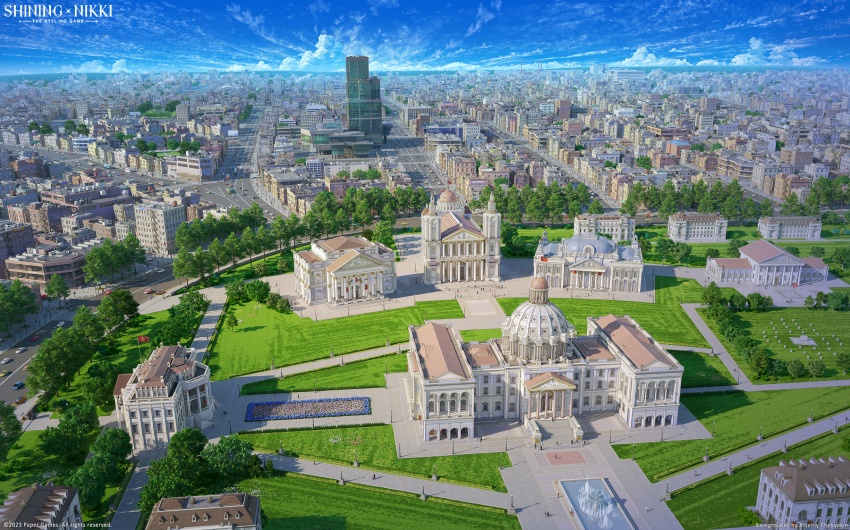 3d arsenixc blue_sky building car city cityscape cloud day flag fountain grass highres horizon mixed-language_commentary motor_vehicle official_art outdoors road scenery shining_nikki sky skyscraper street tree watermark window