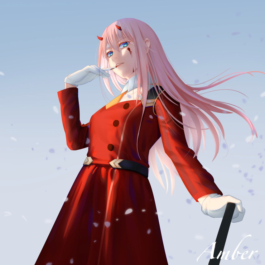 1girl amberdl artist_name bangs belt blood blood_on_face blue_eyes darling_in_the_franxx dress floating_hair glove_in_mouth gloves highres horns long_hair long_sleeves looking_at_viewer military military_uniform mouth_hold pink_hair red_dress straight_hair teeth_hold uniform white_gloves zero_two_(darling_in_the_franxx)
