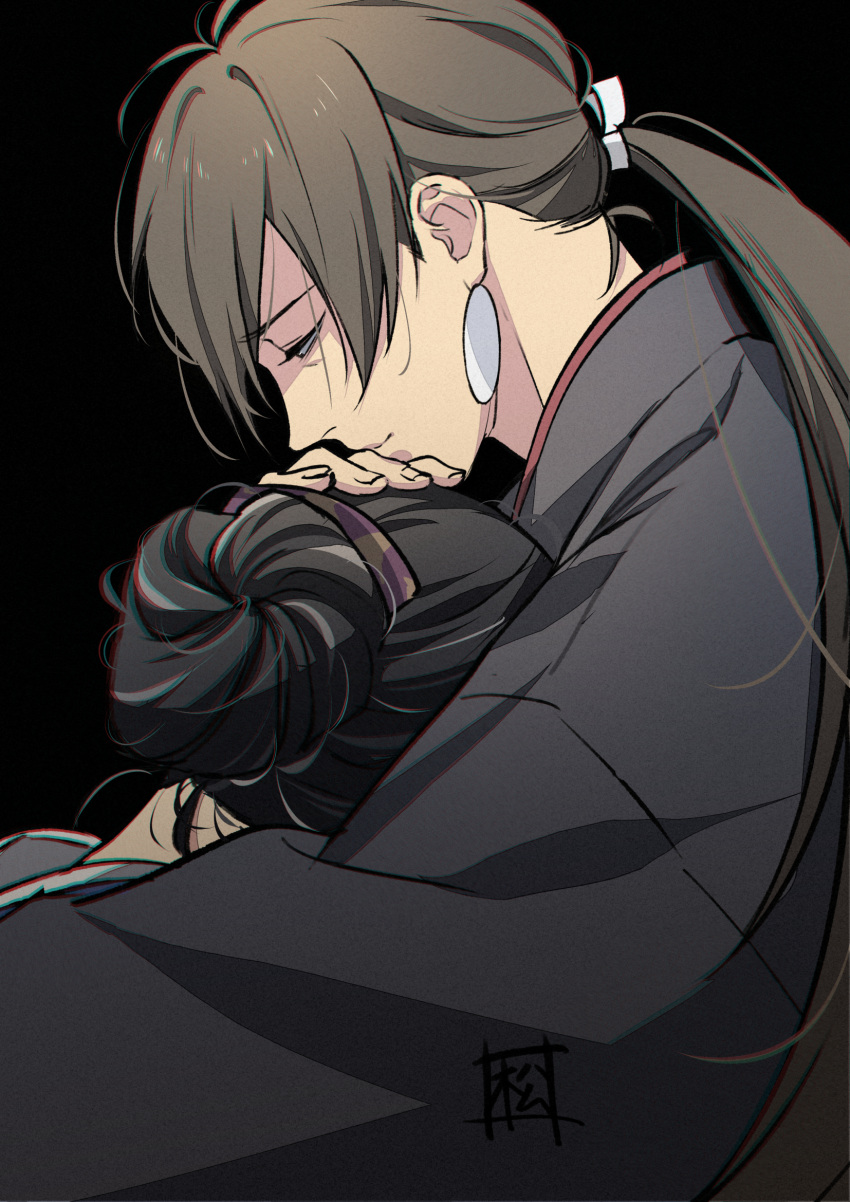 1boy 1girl black_background brown_hair closed_mouth earrings gegege_no_kitarou grey_kimono hair_bun hand_on_another's_head head_on_chest highres hug ipponmatsu japanese_clothes jewelry kimono kitarou_tanjou:_gegege_no_nazo light_smile long_hair looking_at_another looking_down nagata_genji ponytail profile ryuuga_otsumai simple_background single_hair_bun updo upper_body wrinkled_skin