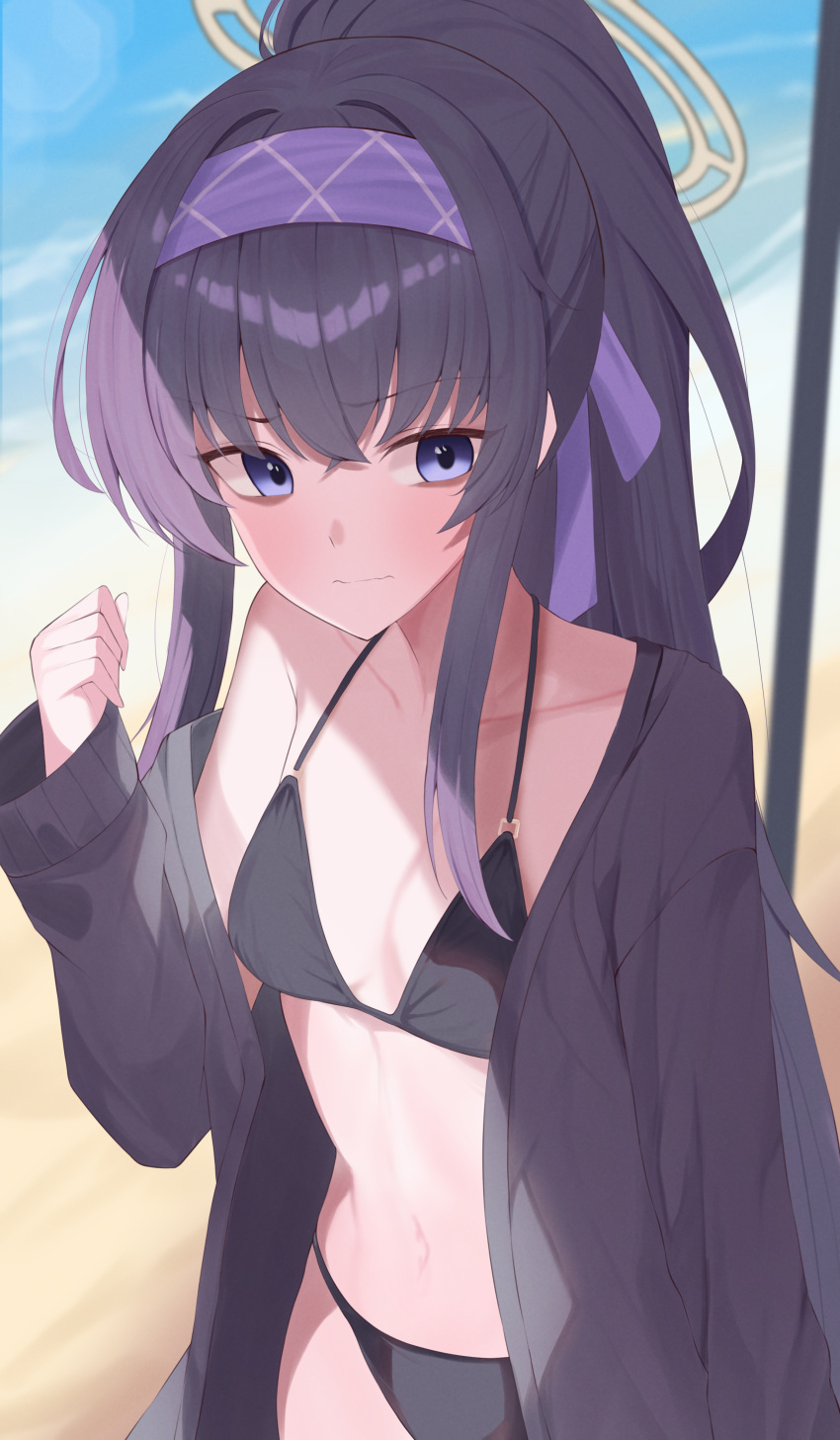 1girl absurdres beach bikini black_bikini black_hair black_jacket blue_archive breasts collarbone crossed_bangs hairband halo highres jacket long_hair looking_at_viewer mechanical_halo navel nvem8738 ocean outdoors ponytail purple_eyes sidelocks small_breasts swimsuit ui_(blue_archive) ui_(swimsuit)_(blue_archive)