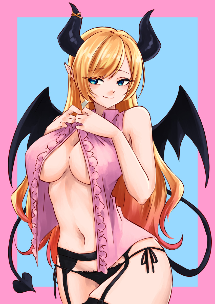 1girl black_horns black_panties blonde_hair breasts cleavage demon_girl demon_horns demon_tail demon_wings frilled_shirt frills highres hololive horn_ornament horns large_breasts lingerie long_hair no_bra no_pants open_clothes panties pink_shirt pointy_ears shirt sleeveless smile solo superfann3 swept_bangs tail underwear virtual_youtuber wings yuzuki_choco yuzuki_choco_(1st_costume)