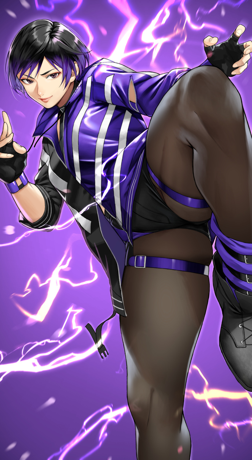 1girl absurdres black_hair breasts collar english_text fighting_stance fingerless_gloves gloves highres hood imminent_kick jacket martial_arts multicolored_clothes multicolored_hair multicolored_jacket open_clothes pantyhose purple_eyes purple_hair purple_jacket reina_(tekken) short_hair shorts smile solo tekken tekken_8 thick_thighs thighs yoshio_(55level)