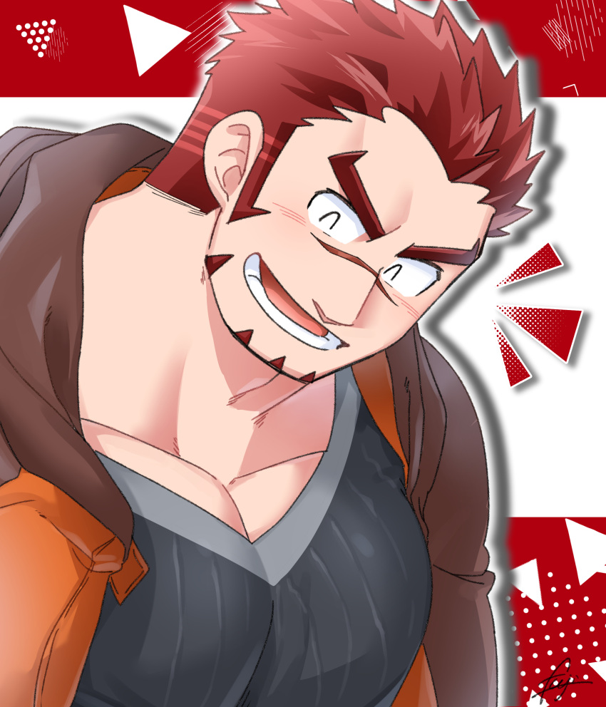 1boy :d ^_^ absurdres adam's_apple akashi_(live_a_hero) bara bare_pectorals closed_eyes facial_hair facing_viewer fujishima_kazuya goatee happy_aura highres large_pectorals live_a_hero long_sideburns male_focus muscular muscular_male pectorals red_eyes red_hair scar scar_on_face scar_on_nose short_hair sideburns smile solo thick_eyebrows upper_body