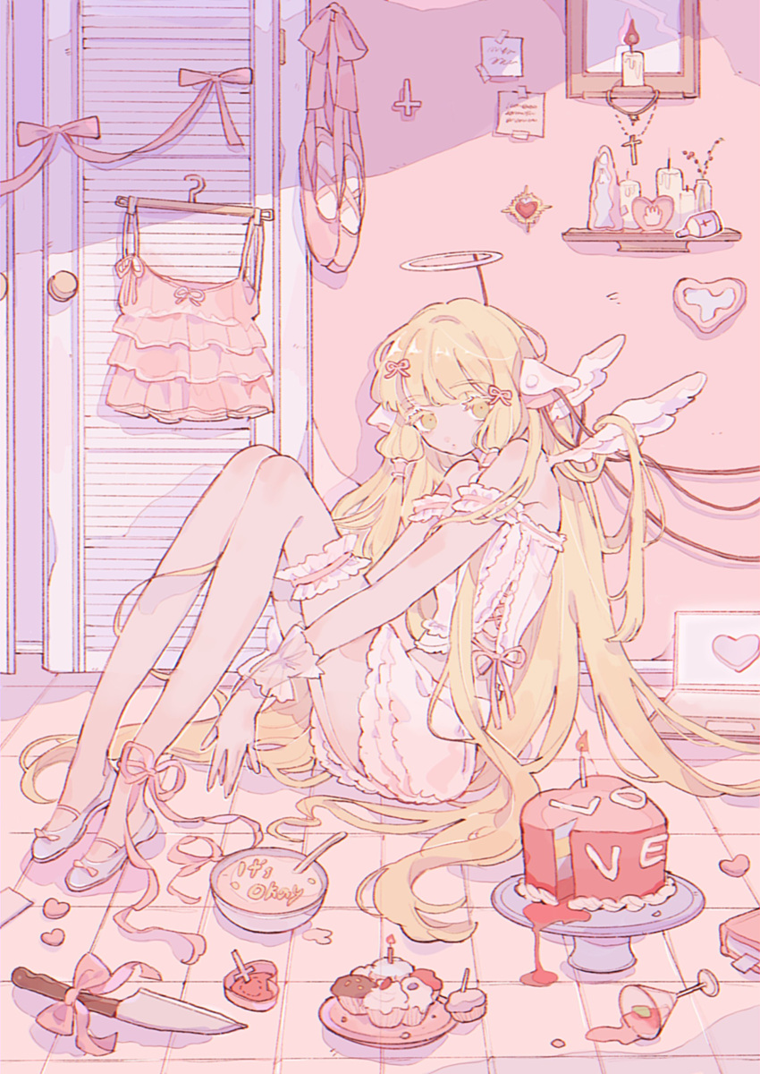 1girl absurdres batter blonde_hair book bow bowl brooch cake candle chii chobits closet cocktail_glass computer cross cup cupcake dress drinking_glass fake_halo food halo heart heart-shaped_cake highres holy_water indoors inverted_cross jewelry knees_up knife laptop long_hair looking_at_viewer mirror olive pink_bow pink_theme robot_ears ronoh_(jill) rosary saint shelf shoes solo thighlet tile_floor tiles tray very_long_hair white_dress white_footwear wings wrist_cuffs