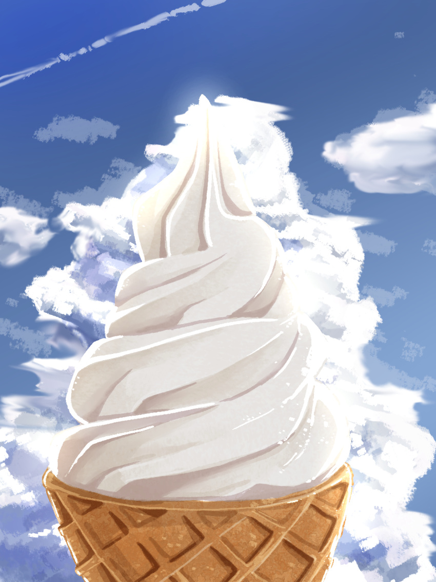 blue_sky cloud day food food_focus highres ice_cream ice_cream_cone kaneko_ryou no_humans original outdoors sky soft_serve still_life waffle_cone