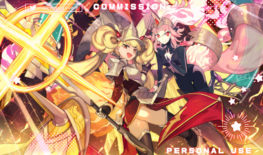 2girls armor black_bodysuit blonde_hair bodysuit breastplate centur-ion_primera centur-ion_trudea commission dress duel_monster glint helmet highres holding holding_weapon hsin long_hair long_sleeves multiple_girls pale_skin pink_hair red_eyes shoulder_armor smile thighhighs twintails watermark weapon yu-gi-oh!