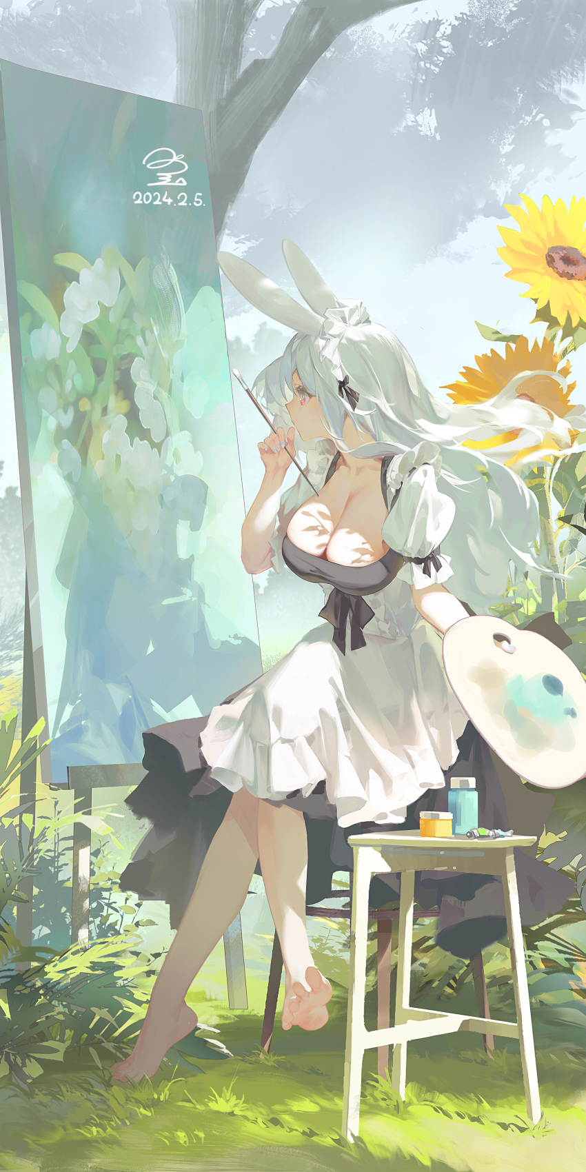 1girl absurdres animal_ears apron barefoot black_dress blue_nails breasts canvas_(object) closed_mouth dated day dress floating_hair flower full_body grass highres holding holding_paintbrush holding_palette large_breasts long_hair maid_headdress original paintbrush painting_(object) palette_(object) rabbit_ears revision ribao short_sleeves signature sitting solo white_apron white_hair yellow_flower
