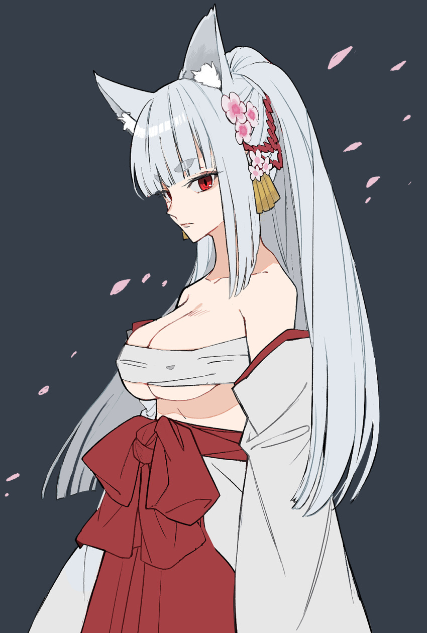 1girl animal_ears blunt_bangs breasts bushidou_(sekaiju) bushidou_5_(sekaiju) cherry_blossoms chest_sarashi collarbone detached_sleeves flower from_side frown goeppe hair_flower hair_ornament hakama highres japanese_clothes kemonomimi_mode large_breasts long_hair looking_at_viewer ponytail red_eyes red_hakama sarashi sekaiju_no_meikyuu sekaiju_no_meikyuu_hd sideboob solo white_hair wolf_ears