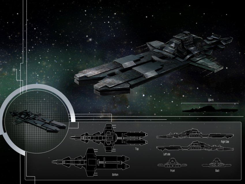 3d battleship_(eve_online) caldari_state_(eve_online) commentary concept_art dark eve_online from_side glowing highres military_vehicle mooki003 multiple_views nebula original outdoors realistic reference_sheet science_fiction sky space spacecraft star_(sky) starry_sky vehicle_focus