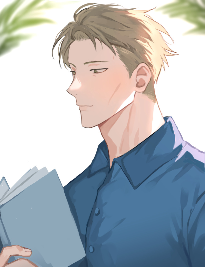 1boy blonde_hair blue_shirt book brown_eyes collared_shirt highres holding holding_book jujutsu_kaisen light_smile lovemycat18 male_focus nanami_kento shirt short_hair solo undercut