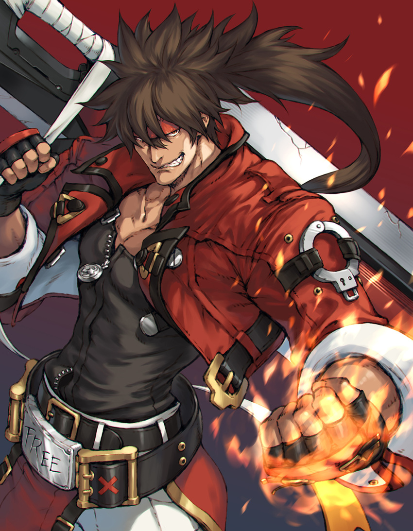 1boy bangs belt black_belt black_gloves brown_hair clenched_teeth cropped_jacket fingerless_gloves fire gloves guilty_gear guilty_gear_strive headband highres holding holding_weapon huge_weapon jacket junkyard_dog_mk_iii long_hair makimura_shunsuke muscular muscular_male open_clothes open_jacket pants red_background red_headband red_jacket sleeves_rolled_up sol_badguy teeth weapon white_pants zipper_pull_tab