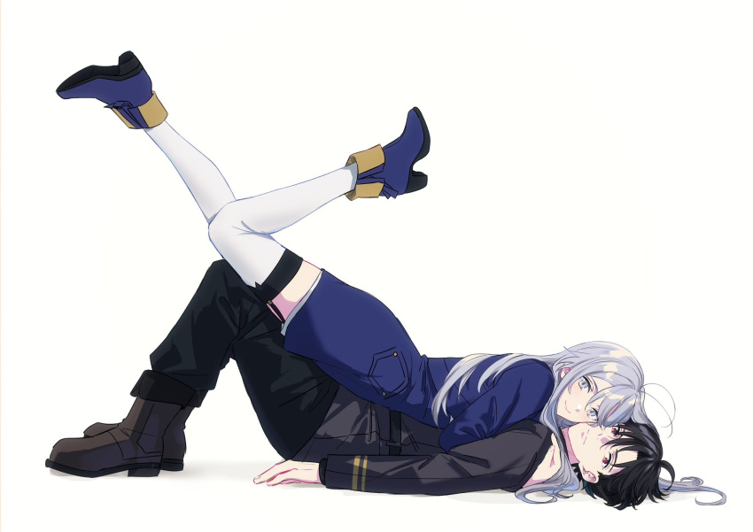 1boy 1girl 86_-eightysix- antenna_hair black_footwear black_hair blue_footwear boots draw_your_fav_ship_like_this_(meme) garter_straps grey_eyes grey_hair high_heels highres jacket long_hair long_sleeves looking_at_viewer meme red_eyes shinei_nouzen short_hair shousuke smile thighhighs uniform vladilena_millize white_thighhighs