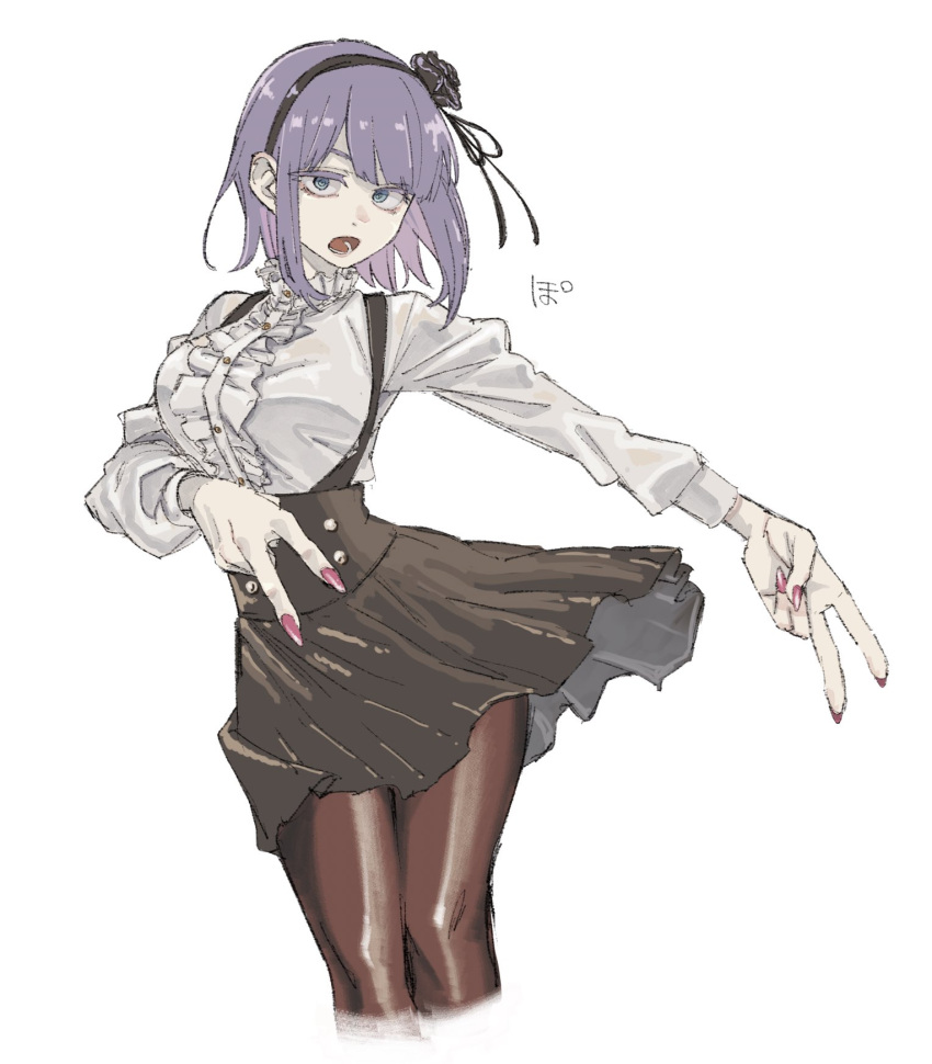 1girl black_flower black_hairband black_pantyhose black_rose blue_eyes breasts center_frills cropped_legs dagashi_kashi double_v flower frilled_shirt_collar frills hairband high-waist_skirt highres kotoyama large_breasts long_hair lower_teeth_only open_mouth outstretched_arm pantyhose parted_bangs pink_lips purple_hair ringed_eyes rose shidare_hotaru shirt short_hair simple_background skirt solo suspender_skirt suspenders teeth v white_background white_shirt