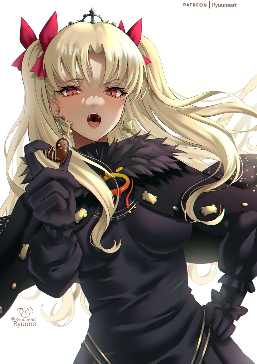 1girl absurdres artist_name black_capelet black_dress black_gloves blonde_hair blush breasts candy capelet chocolate dark-skinned_female dark_skin dress earrings ereshkigal_(fate) ereshkigal_alter_(fate) fate/grand_order fate_(series) food fur-trimmed_capelet fur_trim gloves hair_ribbon heart heart-shaped_chocolate highres hoop_earrings jewelry long_hair long_sleeves looking_at_viewer medium_breasts open_mouth orange_eyes parted_bangs patreon_username ribbon ryuuneart solo tiara two_side_up