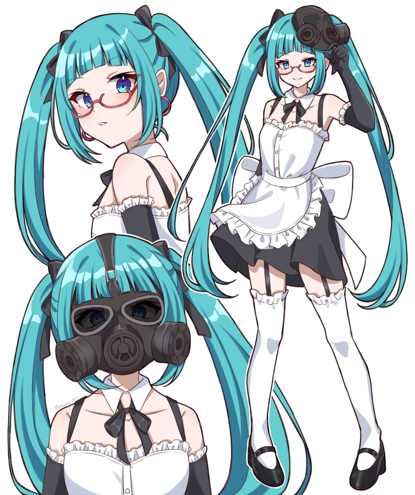 1girl alternate_costume aqua_eyes aqua_hair bare_shoulders bespectacled black_sleeves blue_eyes bow detached_sleeves earrings enmaided frilled_thighhighs frills garter_straps gas_mask glasses hatsune_miku highres jewelry long_hair looking_at_viewer maid mask mask_on_head mirumiru_(miru36i) sleeveless smile solo thighhighs twintails very_long_hair vocaloid white_background white_bow