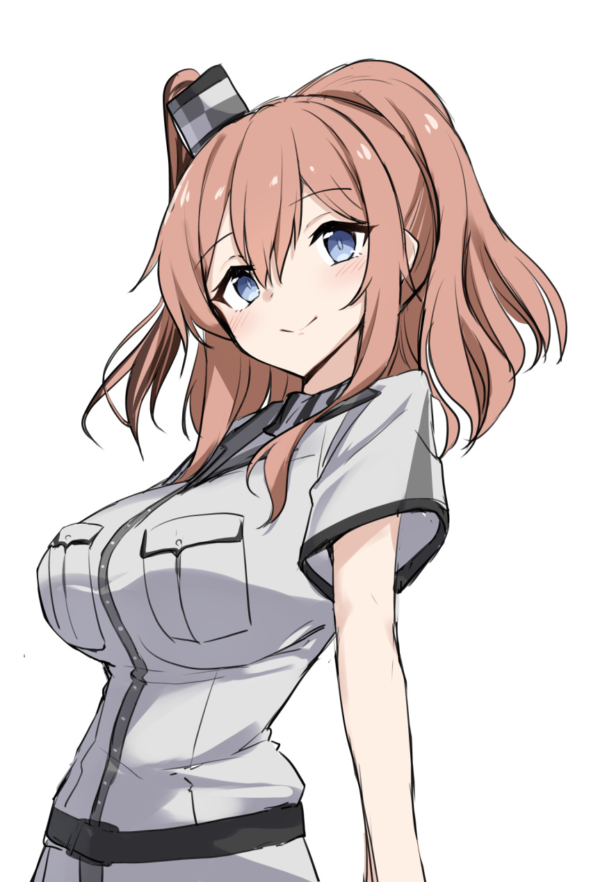 1girl blue_eyes breast_pocket breasts brown_hair dress grey_neckerchief hair_between_eyes high_side_ponytail highres kantai_collection large_breasts long_hair looking_at_viewer neckerchief one-hour_drawing_challenge pocket ponytail sakikumo_(sakumo) saratoga_(kancolle) saratoga_mk_ii_(kancolle) side_ponytail simple_background solo standing upper_body white_background white_dress