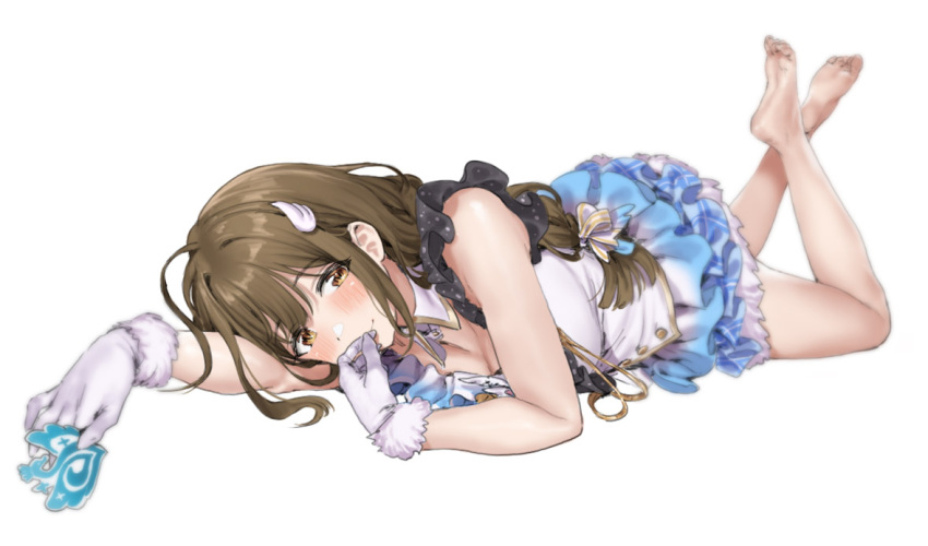 1girl ahoge bare_legs bare_shoulders barefoot blue_dress blush braid braided_ponytail breasts brown_eyes brown_hair cleavage closed_mouth dress feet_up frilled_dress frills gloves hair_ornament hairclip hamedoragon huge_ahoge idolmaster idolmaster_shiny_colors kuwayama_chiyuki long_braid long_hair looking_at_viewer lying on_stomach single_braid sleeveless sleeveless_dress smile soles solo toes two-tone_dress white_dress white_gloves