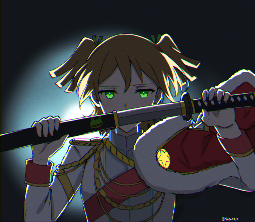 1girl absurdres backlighting black_background blonde_hair covered_mouth daiba_nana epaulettes fur-trimmed_jacket fur_trim green_eyes highres holding holding_sword holding_weapon jacket jacket_on_shoulders katana long_sleeves looking_at_viewer reason3_s red_jacket sash sheath short_hair shoujo_kageki_revue_starlight sleeve_cuffs solo sword twitter_username two_side_up unsheathing upper_body weapon white_jacket