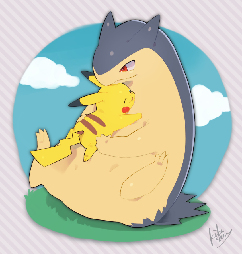 closed_mouth commentary_request gen_1_pokemon gen_2_pokemon grass holding holding_pokemon hug kikuyoshi_(tracco) no_humans one_eye_closed pikachu pokemon pokemon_(creature) red_eyes signature sitting smile typhlosion