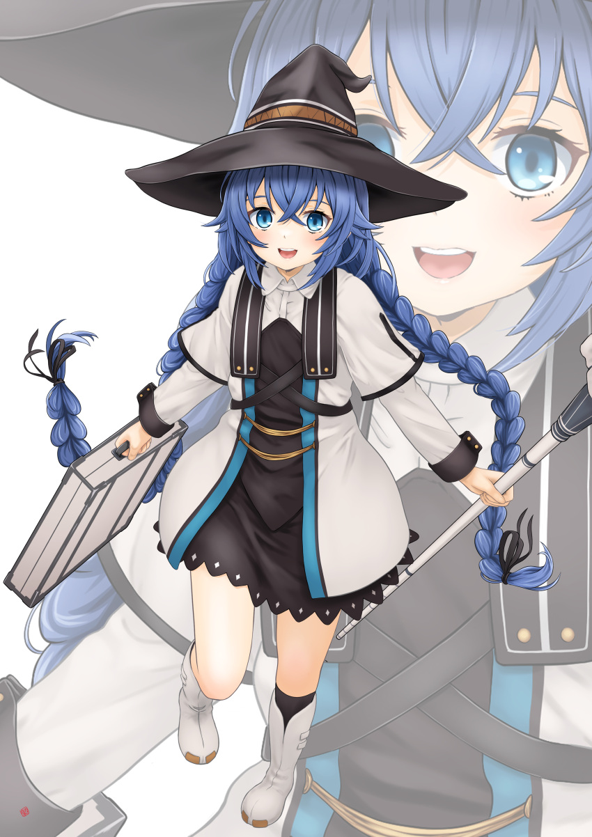 1girl absurdres black_headwear blue_eyes blush boots braid crossed_bangs dress full_body hat highres holding holding_staff holding_suitcase long_hair looking_at_viewer mushoku_tensei nao_suke open_mouth roxy_migurdia smile solo staff suitcase teeth twin_braids upper_teeth_only very_long_hair white_dress white_footwear witch_hat zoom_layer