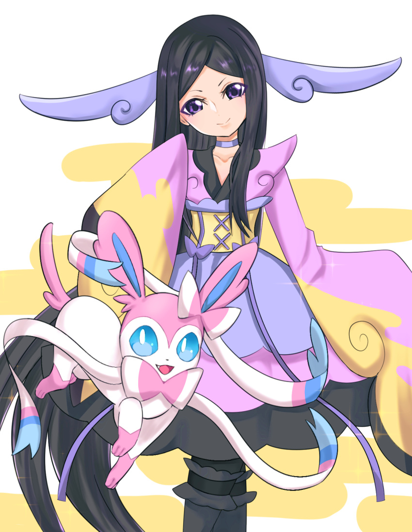 1girl bangs black_hair choker dress gen_6_pokemon gym_leader hair_ornament highres japanese_clothes long_hair long_sleeves looking_at_viewer multicolored multicolored_clothes multicolored_dress pokemon pokemon_(game) pokemon_xy purple_eyes sleeves_past_fingers sleeves_past_wrists smile sylveon valerie_(pokemon) very_long_hair yuuki510510