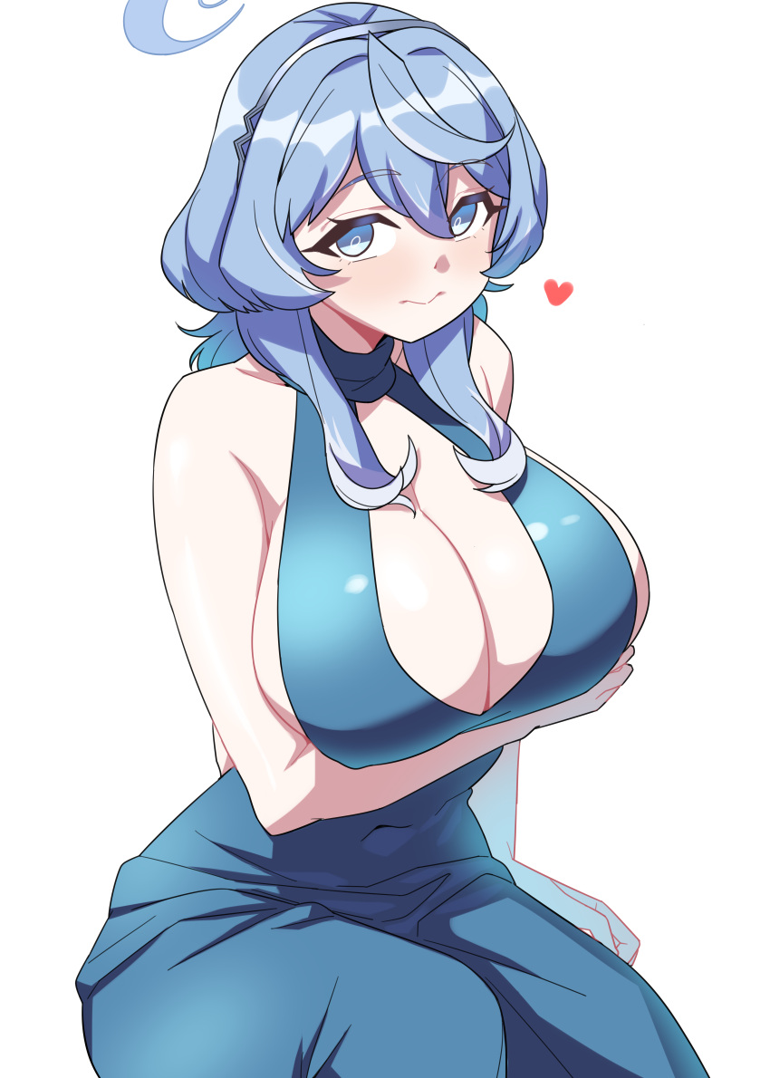 1girl absurdres ahoge ako_(blue_archive) ako_(dress)_(blue_archive) blue_archive blue_hair blue_halo breasts cleavage dress evening_gown hairband halo heart highres large_breasts nya_(73809635)