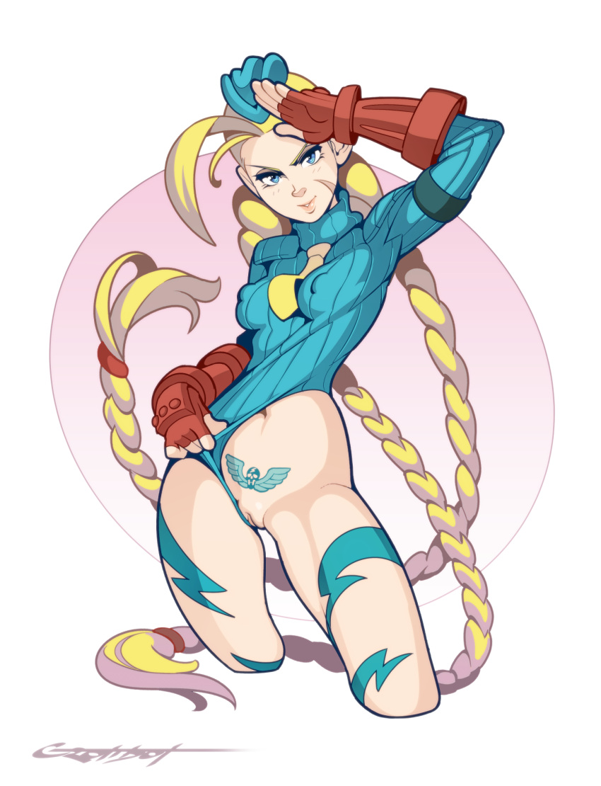 1girl antenna_hair blonde_hair blue_eyes blue_headwear blue_leotard bodypaint bracer braid breasts cammy_white clothing_aside covered_nipples cropped_legs erotibot fingerless_gloves garrison_cap gloves hat highres leotard leotard_aside leotard_pull long_hair long_sleeves low_twin_braids no_panties pubic_tattoo pulled_by_self pussy red_gloves ribbed_leotard scar scar_on_cheek scar_on_face shadaloo shoulder_pads small_breasts solo standing street_fighter street_fighter_zero_(series) tattoo twin_braids uncensored very_long_hair