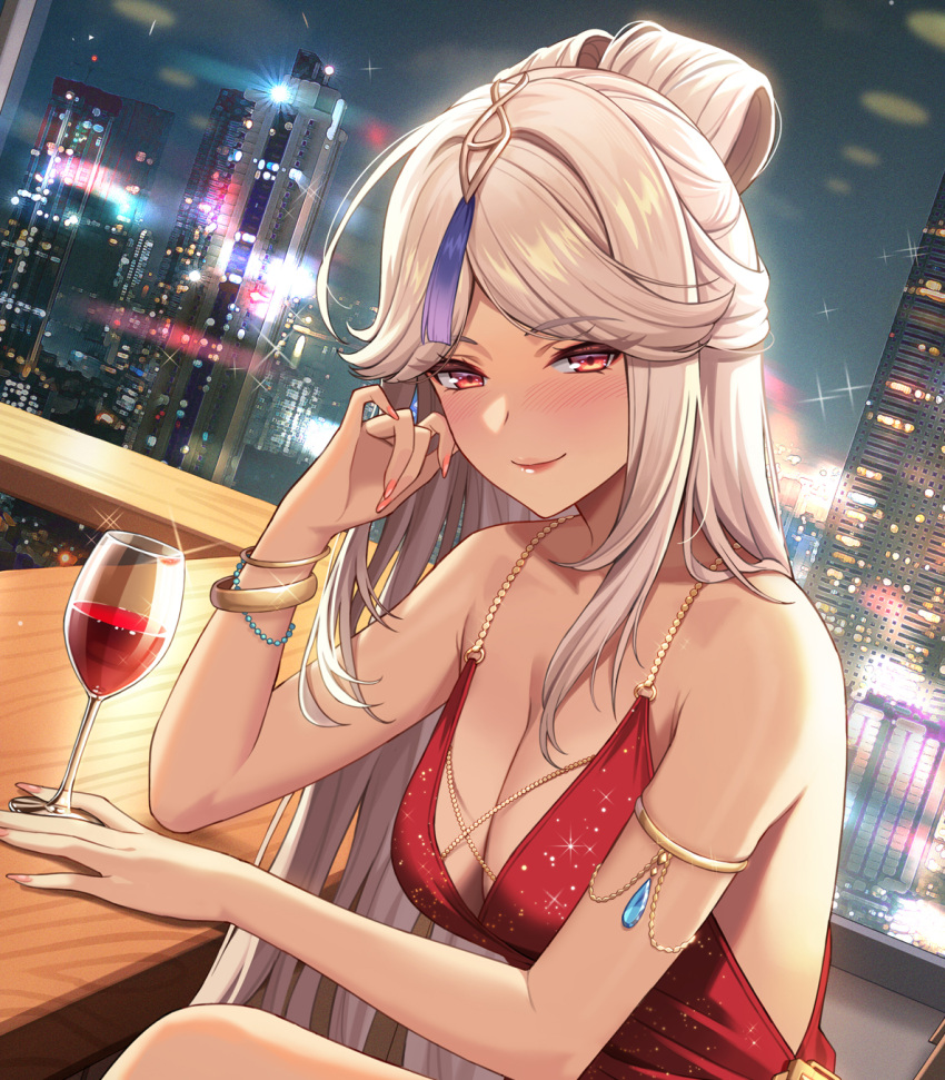 1girl alcohol armlet bare_arms bare_shoulders blush bracelet breasts city cleavage commentary_request cup dress drinking_glass dutch_angle genshin_impact hand_up highres jewelry long_hair looking_at_viewer medium_breasts ningguang_(genshin_impact) no-ba red_dress red_eyes sleeveless sleeveless_dress solo upper_body very_long_hair white_hair wine wine_glass