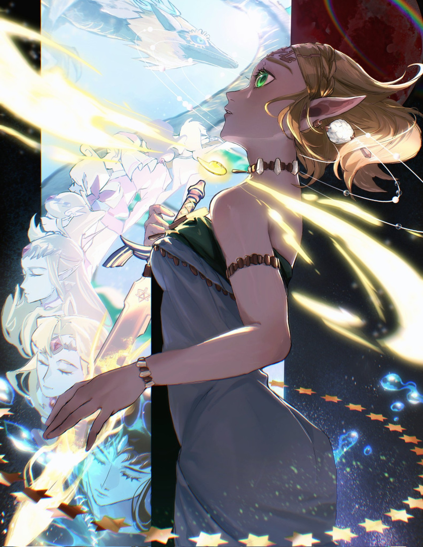 6+girls armlet blonde_hair bracelet brown_hair dragon eastern_dragon glowing glowing_sword glowing_weapon green_eyes highres holding holding_sword holding_weapon jewelry light_dragon_(zelda) master_sword moon multiple_girls multiple_persona pointy_ears princess_zelda rainbow red_moon scarf star_(sky) star_(symbol) sword tetra the_legend_of_zelda the_legend_of_zelda:_a_link_to_the_past the_legend_of_zelda:_ocarina_of_time the_legend_of_zelda:_skyward_sword the_legend_of_zelda:_tears_of_the_kingdom the_legend_of_zelda:_the_wind_waker the_legend_of_zelda:_twilight_princess the_legend_of_zelda_(nes) tiara togenasi_furiko toon_zelda weapon young_zelda