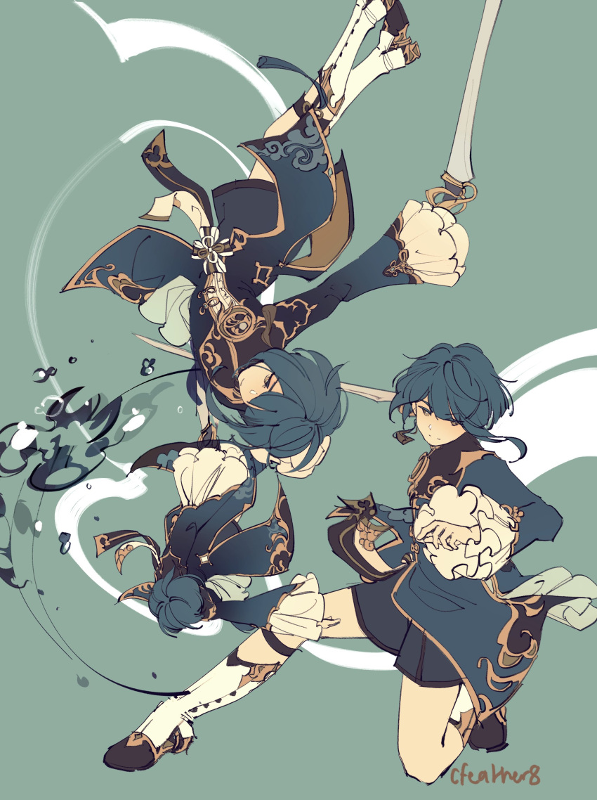 1boy absurdres black_shorts blue_hair blue_jacket boots cfeather8 fighting frilled_sleeves frills genshin_impact green_background highres holding holding_sword holding_weapon jacket jumping knee_boots male_focus multiple_views shorts simple_background sword upside-down weapon white_footwear xingqiu_(genshin_impact)
