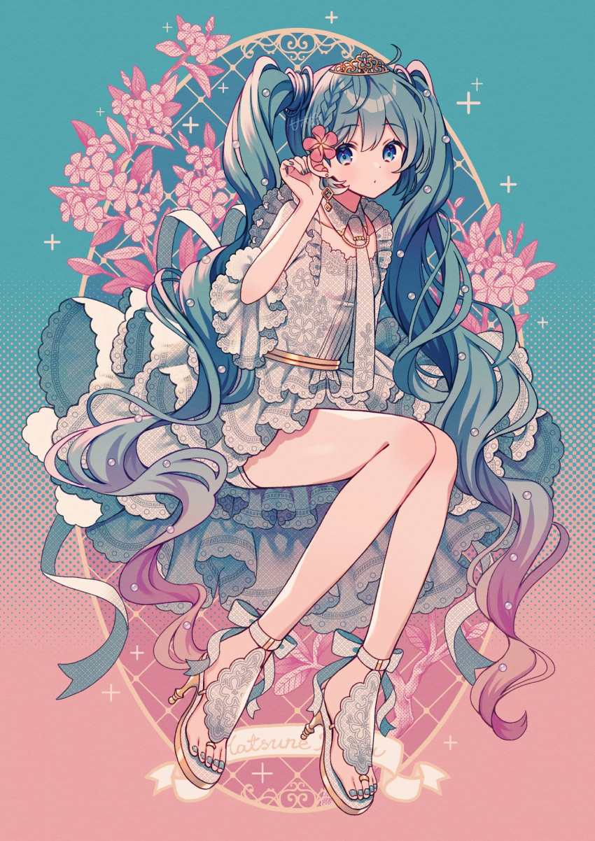 1girl amagi_hana arm_at_side bare_legs blue_background blue_eyes blue_hair blue_nails blush closed_mouth detached_collar dot_mouth dot_nose dress flower frilled_dress frills full_body gradient_background gradient_hair hair_flower hair_ornament halftone hatsune_miku high_heels highres knees_together_feet_apart layered_dress long_hair multicolored_hair nail_polish necktie pink_background pink_flower pink_hair pleated_dress short_dress sidelocks signature simple_background solo tiara toenail_polish toenails tucking_hair twintails vocaloid white_dress white_footwear white_necktie