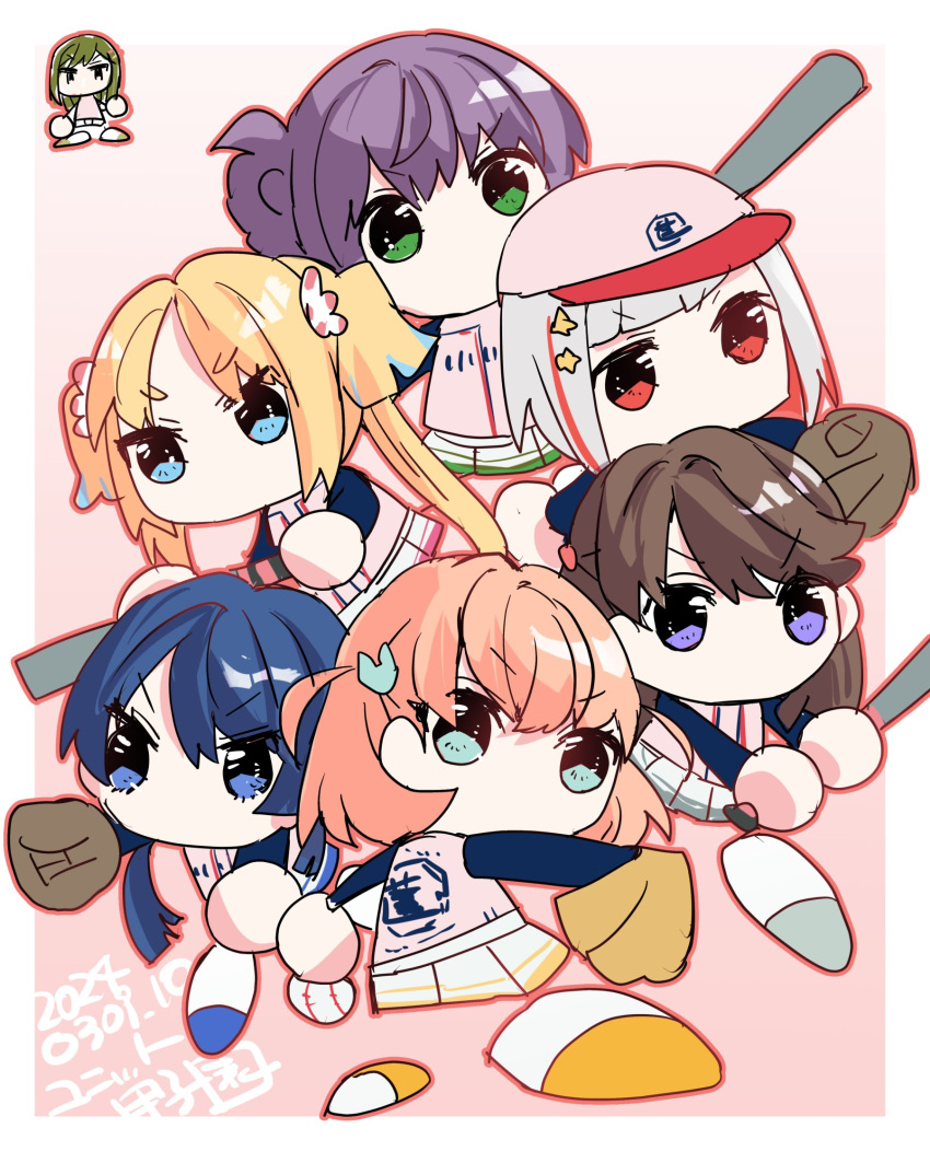 6+girls aqua_eyes baseball baseball_bat baseball_cap baseball_jersey baseball_mitt blonde_hair blue_eyes blue_hair border brown_hair chibi chibi_only colored_inner_hair commentary_request double_horizontal_stripe fujishima_megumi green_eyes green_hair hair_ornament hat highres hinoshita_kaho holding holding_baseball_bat kanduki_kamibukuro light_blue_hair link!_like!_love_live! long_hair long_sleeves looking_at_viewer love_live! low_twintails medium_hair multicolored_hair multiple_girls murano_sayaka no_mouth no_nose oogami_sachi orange_hair osawa_rurino otomune_kozue outline outside_border parted_bangs pink_background pink_shirt pleated_skirt purple_eyes purple_hair rabbit_hair_ornament rayman_limbs red_eyes red_hair red_outline shirt short_hair side_ahoge side_ponytail sidelocks skirt star_(symbol) star_hair_ornament streaked_hair swept_bangs thick_eyebrows timestamp twintails two_side_up v-shaped_eyebrows white_border white_hair white_skirt yugiri_tsuzuri