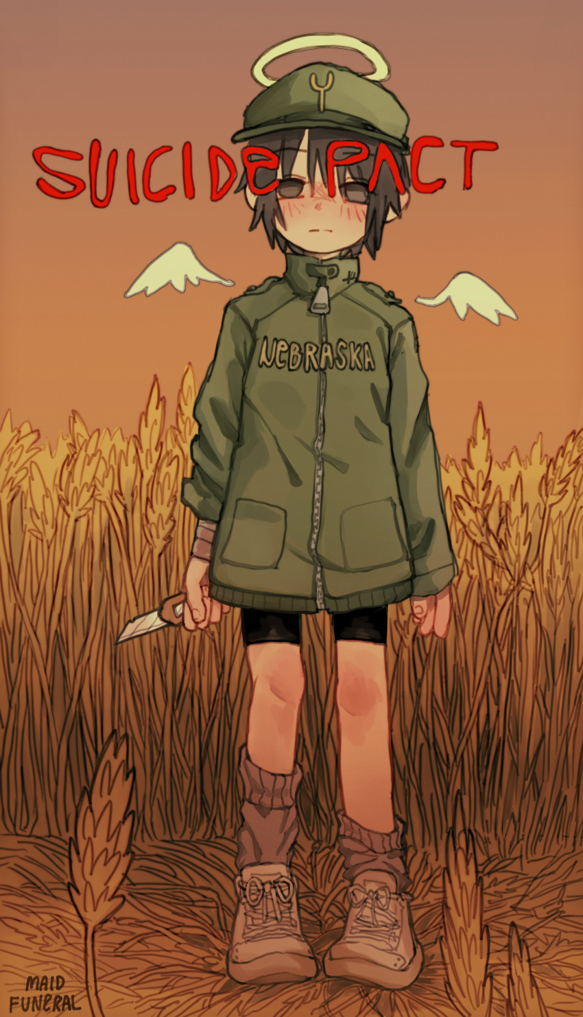 1girl absurdres angel_wings artist_name bandaged_wrist bandages black_eyes black_hair black_shorts boxcutter brown_socks closed_mouth english_text expressionless gradient_background green_headwear green_jacket grey_background grey_footwear halo hat highres holding_boxcutter jacket light_blush looking_at_viewer loose_socks mini_wings orange_background original pocket print_jacket short_hair shorts socks solo standing syrupmelty wheat_field wings zipper