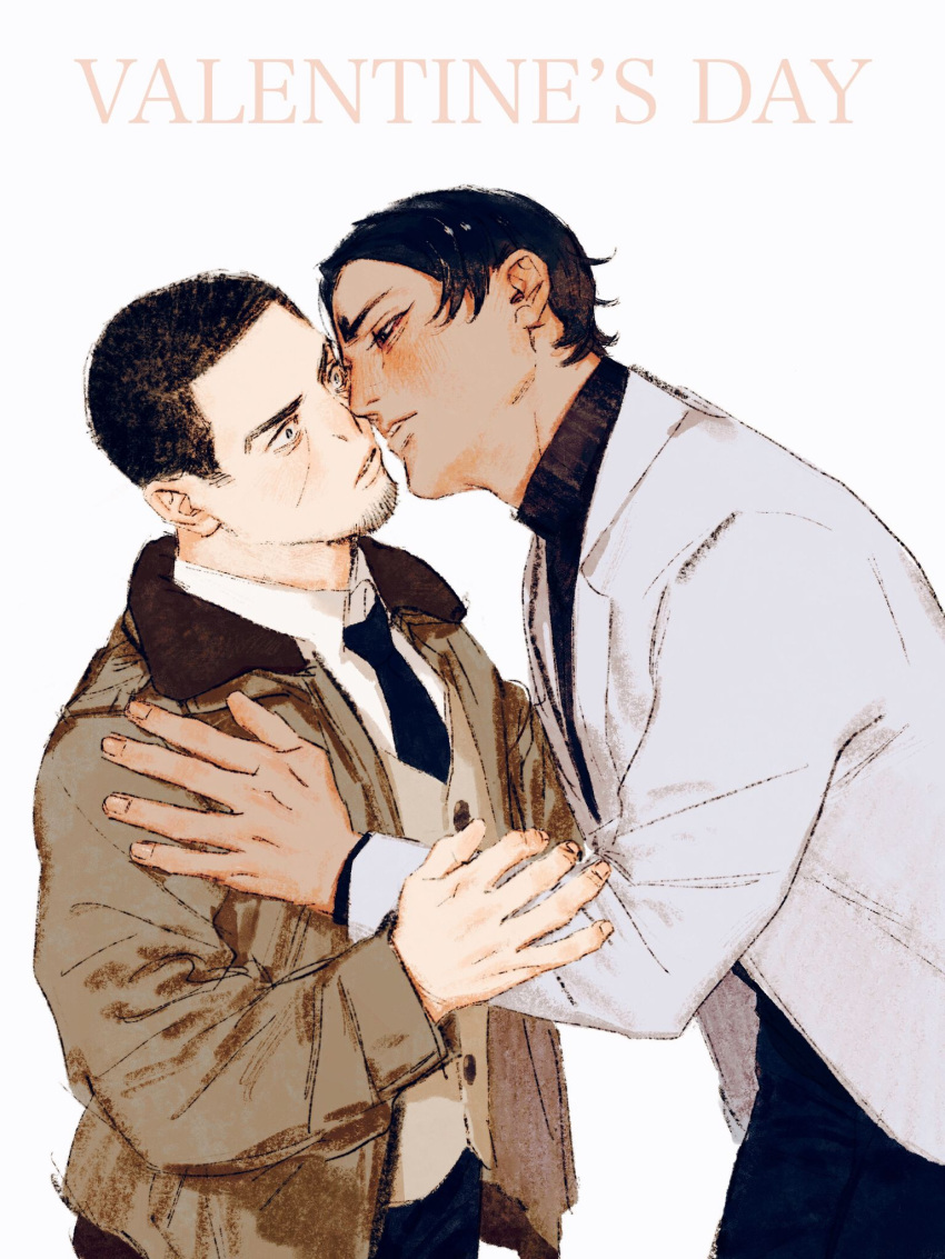 2boys black_eyes black_hair black_necktie black_pants black_sweater brown_jacket brown_vest chengongzi123 collared_shirt constricted_pupils couple dark-skinned_male dark_skin english_text facial_hair goatee_stubble golden_kamuy grey_eyes grey_jacket hand_on_another's_chest hand_up highres imminent_kiss jacket koito_otonoshin long_sleeves looking_at_another male_focus multiple_boys necktie pants parted_lips shirt short_hair simple_background stubble sweater tsukishima_hajime turtleneck turtleneck_sweater upper_body valentine very_short_hair vest white_background white_shirt yaoi