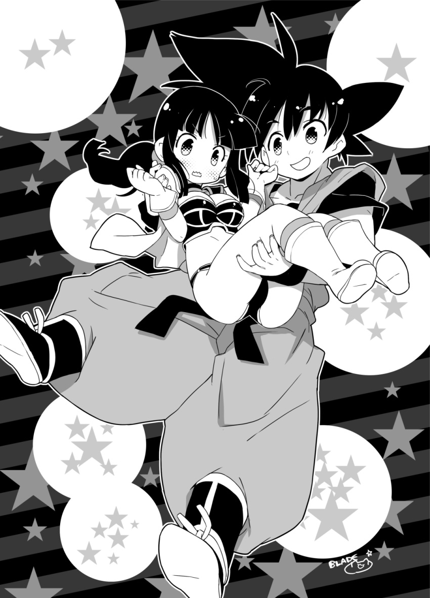 1boy 1girl :d armor belt bikini_armor blade_(galaxist) blush boots carrying chi-chi_(dragon_ball) commentary_request couple dragon_ball dragon_ball_(object) fingernails gloves greyscale halftone hetero highres long_hair monochrome open_mouth ponytail princess_carry puffy_pants short_sleeves signature smile son_goku spiked_hair v-shaped_eyebrows vest