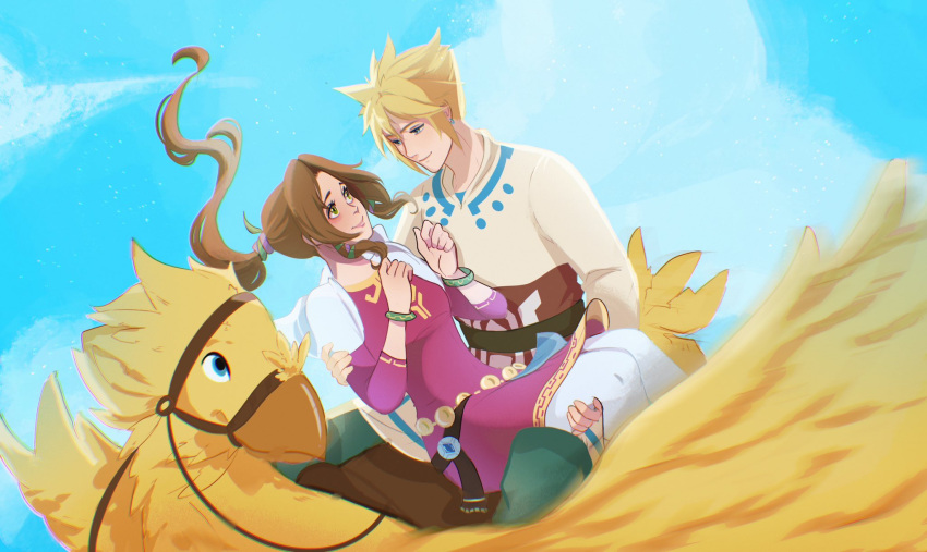 1boy 1girl aerith_gainsborough bangle bird blonde_hair blue_eyes blue_sky blush bracelet breasts brown_hair carrying chocobo cloud_strife commission cosplay couple dress earrings final_fantasy final_fantasy_vii gold_trim green_eyes green_pants hair_between_eyes hair_ribbon hetero highres jewelry leggings link link_(cosplay) long_hair long_sleeves looking_at_another medium_breasts outdoors pants parted_bangs pink_dress ponytail princess_carry princess_zelda princess_zelda_(cosplay) reins ribbon riding riding_bird shawl shirt short_hair sidelocks sky smile spiked_hair the_legend_of_zelda the_legend_of_zelda:_skyward_sword vanekairi white_leggings white_shawl white_shirt