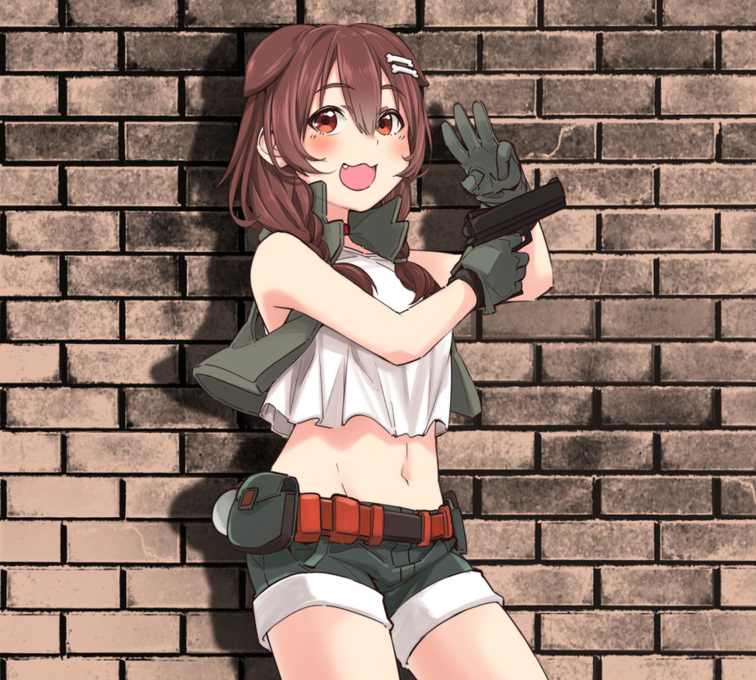 1girl :3 animal_ears belt bone_hair_ornament braid brick_wall brown_eyes brown_hair choker cosplay cowboy_shot crop_top dog_ears dog_girl extra_ears fang finger_on_trigger gloves green_gloves green_shorts gun hair_between_eyes hair_ornament handgun highres hololive inugami_korone metal_slug midriff navel open_mouth pistol pouch shorts smile solo tenbin_gashira twin_braids vest virtual_youtuber weapon