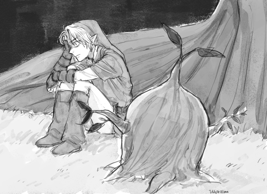 1boy boots branch deku_tree fingerless_gloves gloves greyscale hat highres himu_zelda knee_boots leaf link looking_afar male_focus monochrome outdoors pointy_ears sitting the_legend_of_zelda the_legend_of_zelda:_ocarina_of_time tree tunic