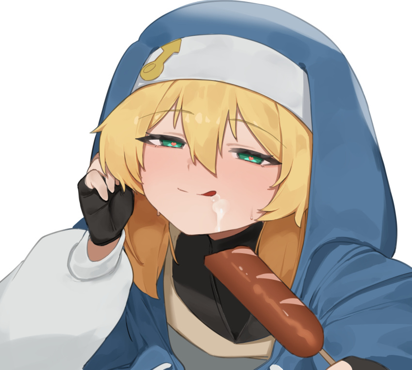 1boy :q black_gloves blonde_hair blue_hoodie bridget_(guilty_gear) corn_dog eating fingerless_gloves flasso food gloves green_eyes guilty_gear guilty_gear_strive hair_between_eyes hand_up heart heart_in_eye highres holding holding_food hood hood_up hoodie long_sleeves medium_hair puffy_long_sleeves puffy_sleeves simple_background solo suggestive_fluid symbol_in_eye tongue tongue_out upper_body white_background