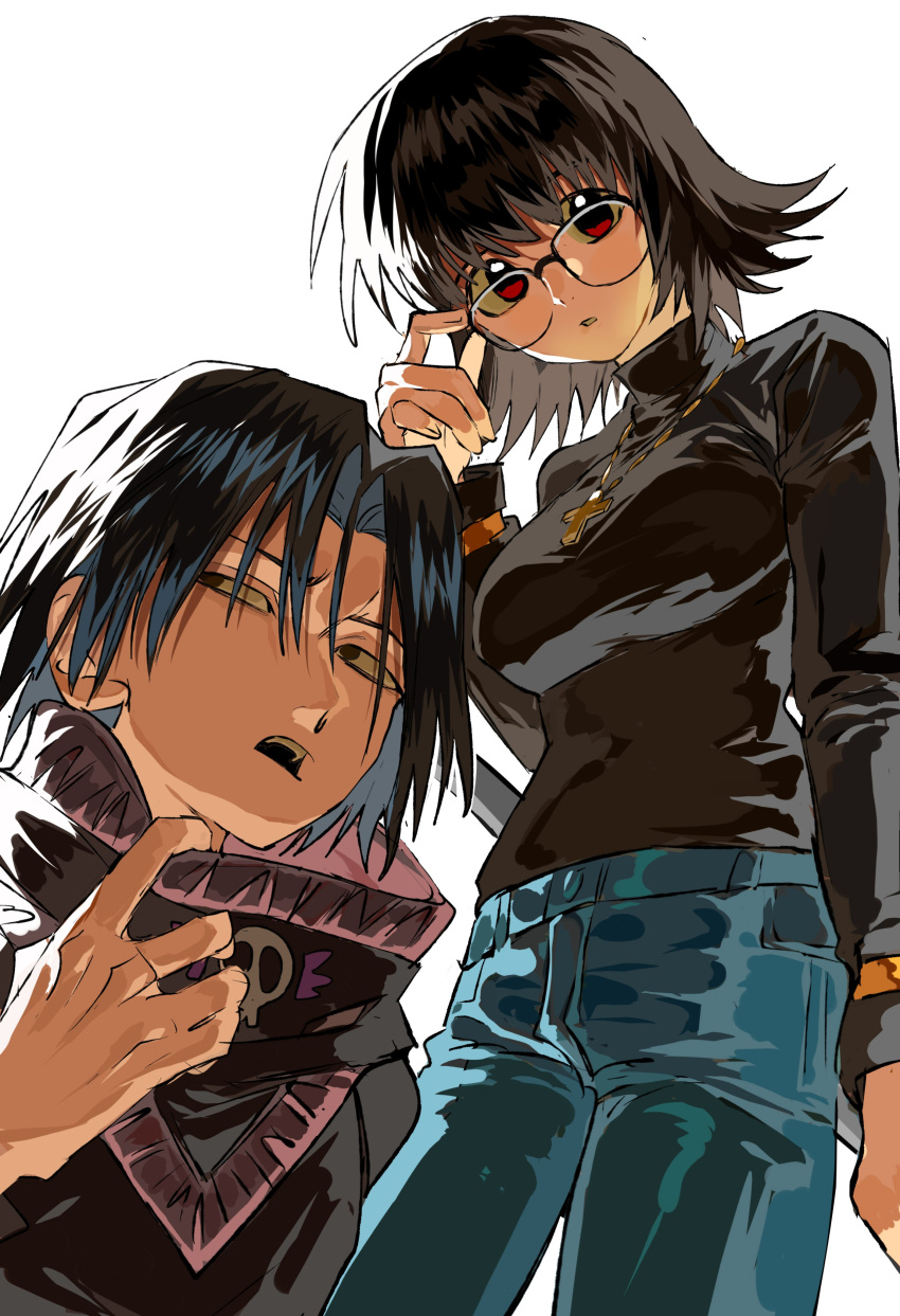 1boy 1girl absurdres adjusting_eyewear black_hair black_shirt blue_pants collar_tug cross cross_necklace feitan_portor glasses gold_necklace hand_up highres hunter_x_hunter jewelry long_sleeves looking_down looking_to_the_side necklace open_mouth pants red_eyes shirt shizuku_murasaki simple_background standing turtleneck white_background xi_luo_an_ya