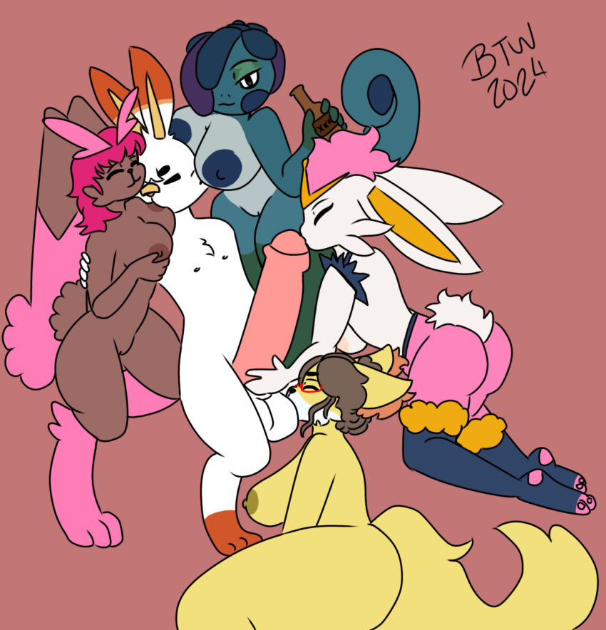 alcohol_bottle anthro ball_suck boob_hat breast_fondling breast_play breast_squish breast_suck breasts btwalexhere cinderace delphox drizzile female fondling generation_4_pokemon generation_6_pokemon generation_8_pokemon group group_sex hand_on_breast hi_res lopunny male male/female nintendo oral orgy pokemon pokemon_(species) scorbunny sex solaris_(btwalexhere) squish sucking tip_kissing