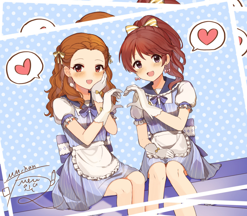 2girls :d apron back_bow bangs_pinned_back blue_dress blush bow braid braided_bangs brown_hair candy_earrings commission dress earrings food-themed_earrings forehead gloves hand_on_own_cheek hand_on_own_face heart heart_hands heart_hands_duo highres idolmaster idolmaster_cinderella_girls jewelry looking_at_viewer mmmakaron888 multiple_girls open_mouth parted_hair photo_(object) pinafore_dress pinstripe_dress pinstripe_pattern ponytail puffy_short_sleeves puffy_sleeves seki_hiromi shiina_noriko shirt short_dress short_sleeves signature sitting skeb_commission sleeveless sleeveless_dress smile spoken_heart striped_clothes striped_dress vertical-striped_clothes vertical-striped_dress waist_apron white_apron white_gloves white_shirt