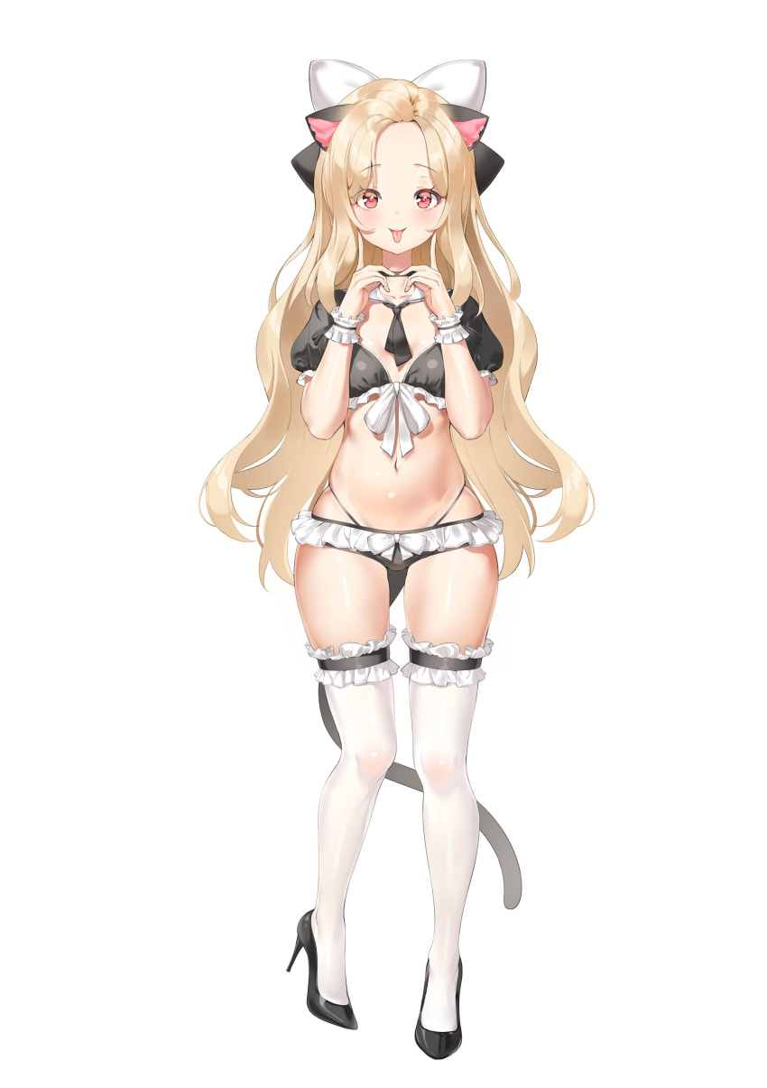 1girl absurdres animal_ears bikini black_bikini black_choker black_footwear black_shirt blonde_hair bow cat_ears cat_girl cat_tail choker commission crop_top frilled_bikini frilled_shirt frilled_thighhighs frills front-tie_top full_body hair_bow hands_up high_heels highleg highleg_bikini highres keibeam long_hair looking_at_viewer navel neck_ribbon original parted_bangs red_eyes ribbon shirt short_sleeves simple_background skindentation smile solo standing stomach string_bikini swimsuit tail thighhighs thighs tongue tongue_out very_long_hair white_background white_thighhighs wrist_cuffs