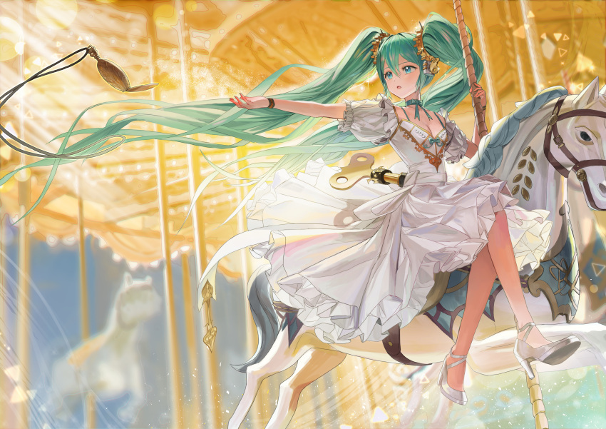 1girl :o absurdres aqua_eyes aqua_hair blurry breasts carousel character_doll choker cleavage collarbone crossed_legs depth_of_field dress floating_hair frilled_dress frills gear_hair_ornament green_choker green_hair green_nails green_ribbon hair_between_eyes harness hatsune_miku high_heels highres horse horseback_riding lessa long_hair mount outstretched_arm parted_lips ribbon ribbon_choker riding short_sleeves sidelocks sky small_breasts solo sparkle twintails very_long_hair vocaloid white_dress white_footwear white_horse wristband