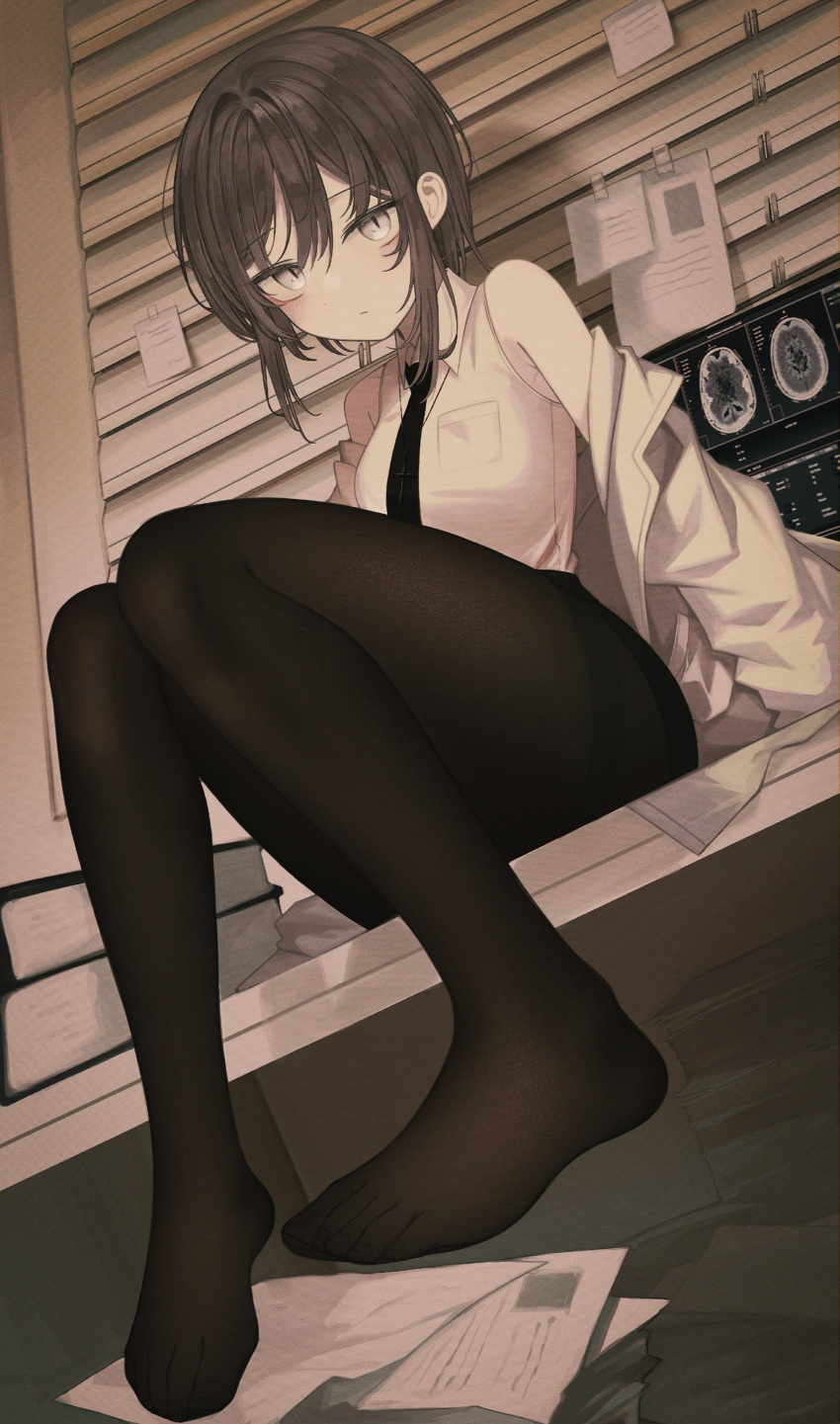 1girl absurdres black_hair black_necktie black_pantyhose blush book book_stack coat collared_shirt cross cross_necklace feet grey_eyes highres indie_virtual_youtuber jewelry kanaut_nishe karou_(lhscck302) lab_coat legs looking_at_viewer necklace necktie off_shoulder on_table open_clothes open_coat pantyhose shirt short_hair sidelocks sitting sleeveless sleeveless_shirt slit_pupils solo table toes white_shirt window_blinds