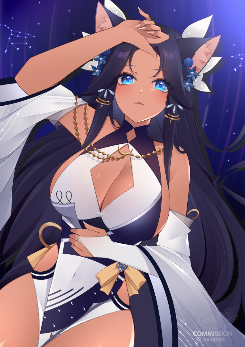 1girl black_hair black_leotard blue_eyes blue_flower breasts bridal_gauntlets cleavage cleavage_cutout closed_mouth clothing_cutout commission dark-skinned_female dark_skin flower hair_flower hair_ornament hand_up highres hip_vent indie_virtual_youtuber kasumi_(vtuber) leotard long_hair ribbon solo twitter_username two-tone_leotard usagisii virtual_youtuber white_leotard yellow_ribbon